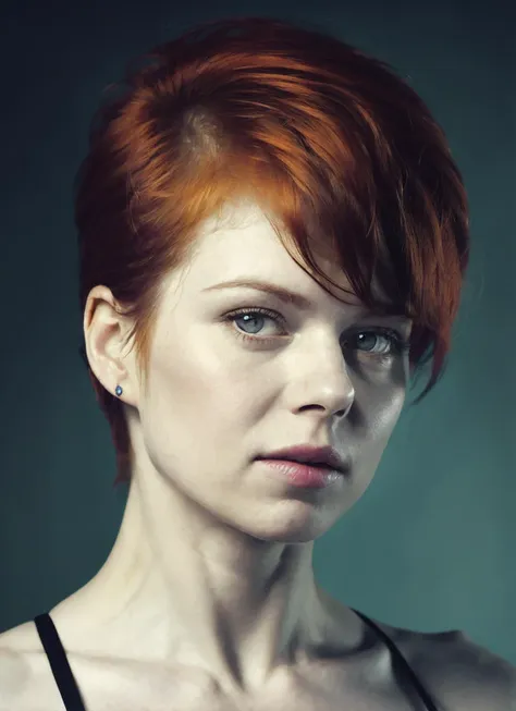 a close up of a woman with a red hair and a black top