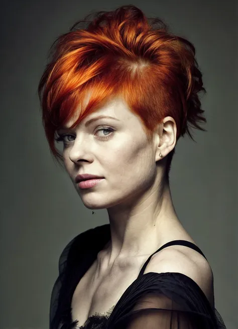 a woman with bright red hair and a black dress