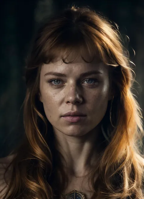 a woman with long red hair and a necklace on her neck