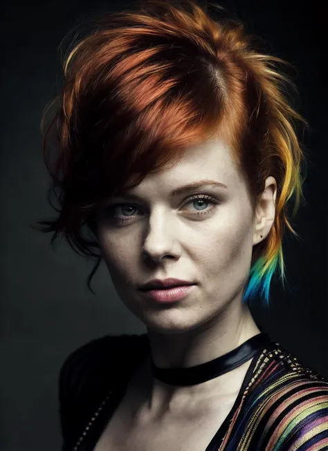 a woman with a red hair and a rainbow dyed top