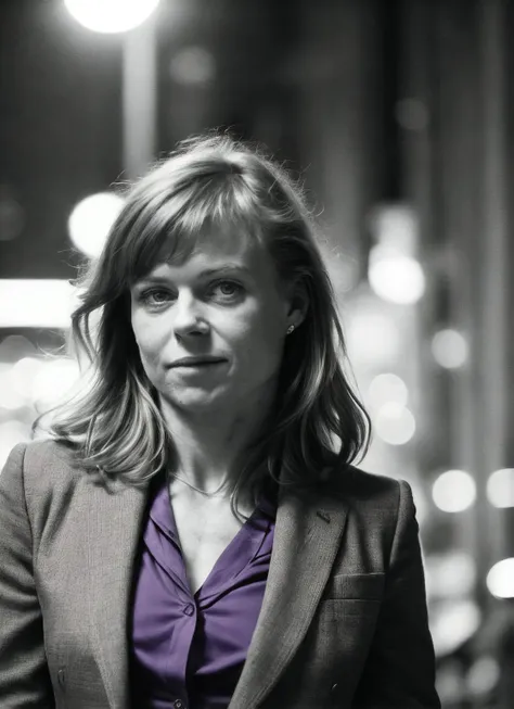 arafed woman in a suit and purple shirt standing in a dark room