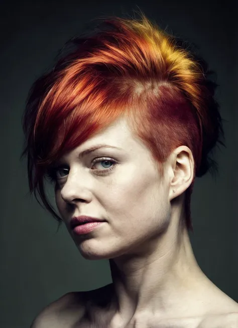 a woman with bright red hair and a short top