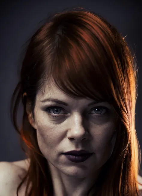 a close up of a woman with red hair and a black background