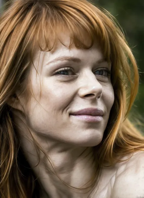 a close up of a woman with long red hair smiling