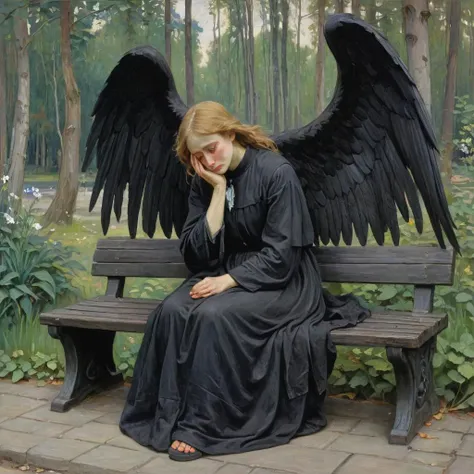 a dark angel sitting on a bench, crying