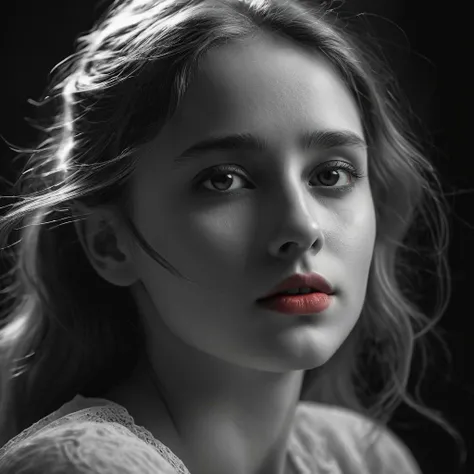 Capture the ethereal dance of light and shadow in a stunning monochromatic photograph with (selective color details:1.5), revealing the hidden poetry of a girls face, 8k uhd, ultra-sharp focus, evoking breathtaking beauty