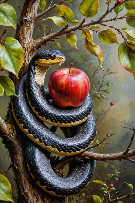 tricky snake with red apple, at tree, (garden:0.1), close-up, 
oil on canvas, (nicola samori:0.1),
 <lora:ClassipeintXL1.9:0.3>, ,best quality, high resolution, extreme detail, outstanding composition, masterpiece,