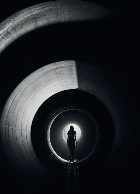 very distant figure of a woman in a huge pipe, 8k, sharp shadows, long shadows, black and white, ral-chrosc-bw, <lora:ral-chrosc-bw:1>