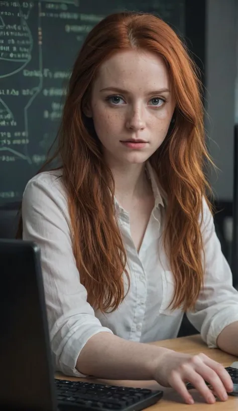 beautiful hacker woman with long redhair , pale skin, freckles, big brown eyes, slim face, writing (computer code and doing experiments with electronics), realistic office, hiperrealistic photo, epiCRealism