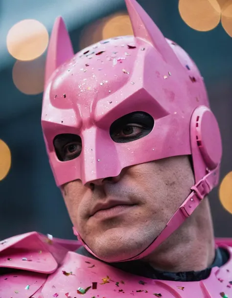 cinematic photo of bruce wayne from batman,shaved face,confetti on a pink mask,wearing pink batman armor,35mm photograph,film,bokeh,professional,4k,highly detailed,night,<lora:perfect-eyes:0.65>,<lora:polyhedron_all_sdxl:0.35>,