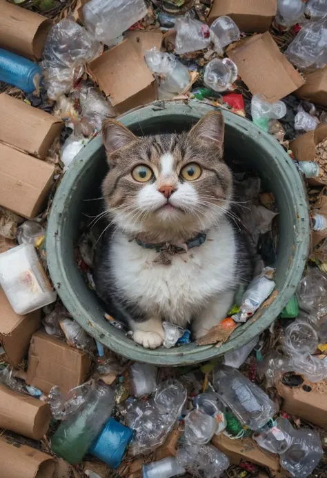 amazing quality, masterpiece, best quality, hyper detailed, ultra detailed, UHD, perfect anatomy, portrait, dof, hyper-realism, majestic, awesome, inspiring, Captured in the cctv, a homeless cat eating from trash bucket and got eye injured by broken glass,...