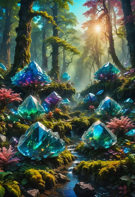 alien-themed fairy tale futuristic style landscape shot with metaphysical style photorealistic cinematic photo HDR photo of  (A crystalline forest with trees made of prismatic crystals, refracting sunlight into a dazzling array of rainbow colors throughout...