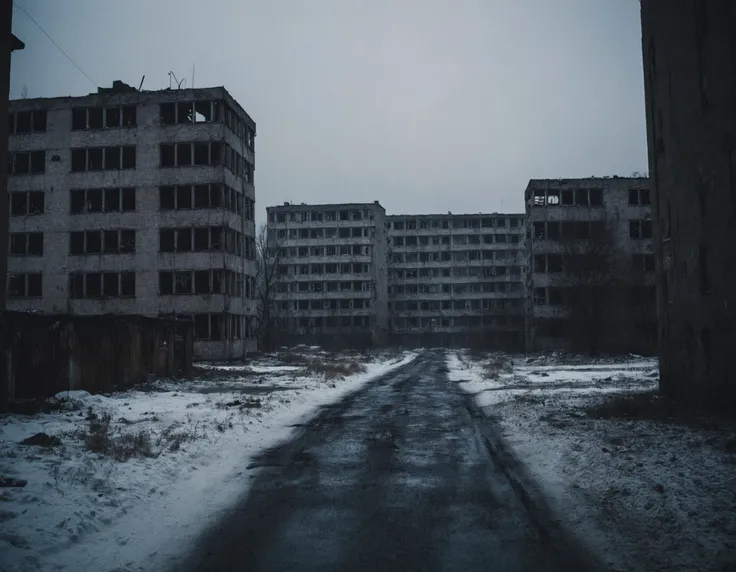 cinematic photo of abandoned city, winter, scary, gloomy, darkness, extremely detailed, film grain