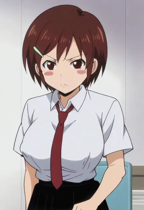 ringo, 1girl, brown eyes, brown hair, short hair, blush stickers, hairclip, school uniform, white shirt, short sleeves, necktie, skirt, <lora:add-detail-xl:2> <lora:Ringo:0.8>,,, ,,,,,anime coloring, anime screencap, 1girl,Solo ,, anime,PUFFY nipple,huge b...