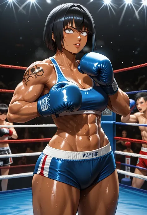 (masterpiece), best quality, expressive eyes, perfect face, ((female)), ((dark skin)), ((short black hair)), ((boxer)), (muscular), (boxing gloves), ((sweaty)), ((muscles)), (((anime))), ((detailed)), (boxing ring), (tattoo), wide hips