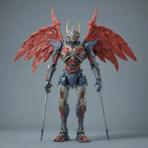 a close up of a biomecha on a gray surface, trans rights, red shift render, spear in hand, weibo, symmetrical wings, dark blue and red, masterstroke, an oldman, editors pickup, very accurate coherent image, spanners, hyper bullish, jajaboonords flipjimtots...