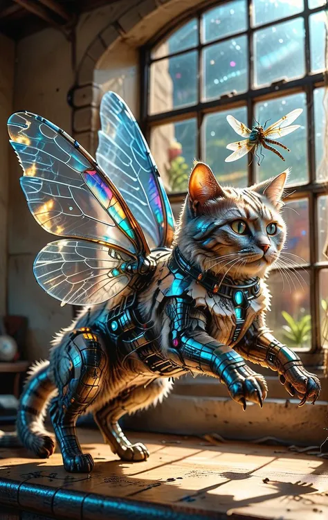 extremely detailed 32k UHD RAW photo depicting a (flying fluffy cat with dragonfly wings entirely made of (science fiction texture, science fiction skin, someplastic, no humans, night, handheld game console, english text, device, wearable item) skin, showc...