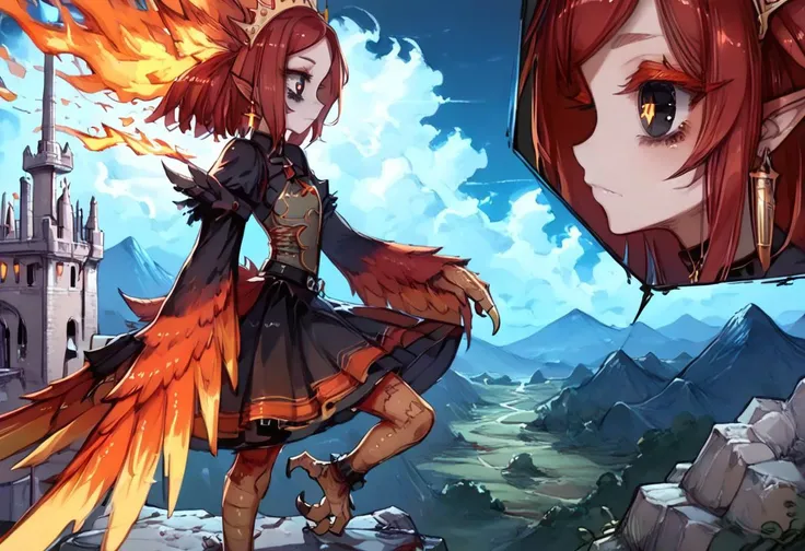 score_9,score_8_up,score_7_up,tokiame,(thick outlines),masterpiece,((hyper-detailed),
solo,((1 girl)),monster,monster girl,((mature woman)),((harpy:1.3),feathered tail,talon legs,straight red hair,black and red hair,blazing hair,surrounded by flames,wing a...