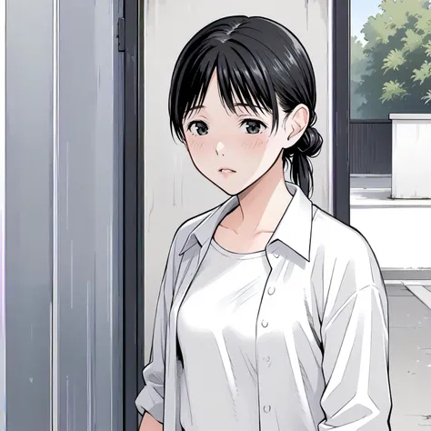 <lora:Ndy_KanaXLpony001>,
outdoors,
parted lips,half-closed eyes,blush,
solo,
Kana,1girl,black hair,single hair bun,black eyes,
low ponytail,
standing,
white shirt,open shirt,