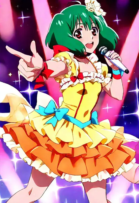 macross_frontier, ranka_lee, 1girl, ahoge, feet_out_of_frame, frilled_shirt, frills, green_hair, idol_clothes, index_finger_raised, layered_skirt, microphone, music, orange_skirt, red_eyes red_ribbon, ribbon, shirt, short_hair, skirt, solo, wrist_ribbon, y...