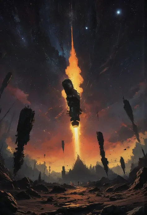 Stunning cinematic, dramatic illustration of a rocket taking off from a lunar landscape, cratered and pitted, directional shadows from an unseen sun, dramatic sky with stars and nebulas