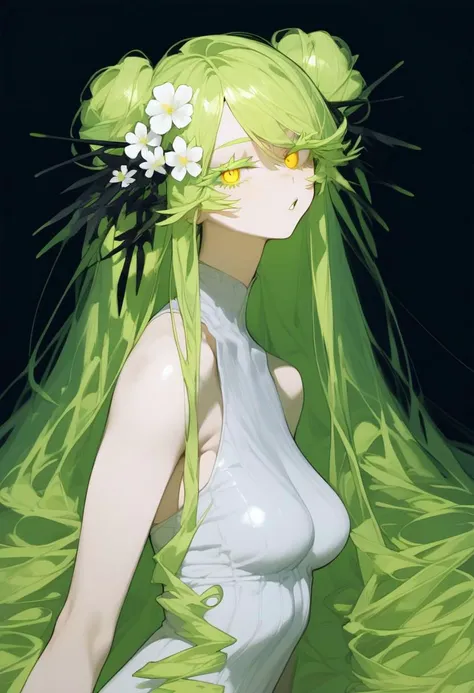 score_9, score_8_up, score_7_up, best quality, source_anime BREAK, Eatsleep1111, 1girl, medium breasts, very long green hair wavy in ringlets, lign green eyelashes, small flower-like buns on the sides of the head, loose hair, some black locks, golden eyes,...