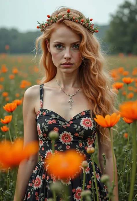 ,  first girl platinum blonde blue-eyed goth girl.,  sceond girl beautiful ginger Russian farm girl. In field of flowers,  dancing and playing,  , , full-length female-body, wide angle, beautiful , fantasy