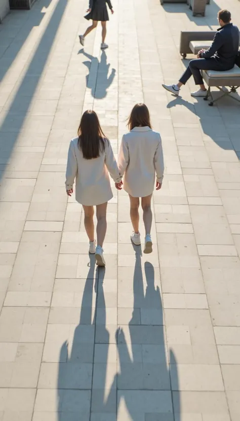 blurry, GLOW,low saturation, PHOTO, Two women walk away from the camera on a pale, sun-drenched plaza. Render in a photorealistic style, the women are captured from a high zenithal perspective, casting elongated shadows that stretch towards the bottom of t...