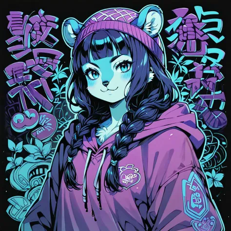 score_9, score_8_up, score_7_up,cyan theme, purple theme, album cover, black background,japanese theme,(squirrel logo),braided ponytail,long hair, blunt bangs,beanie, hoodie,,graffiti, logo, outline, body fur,<lora:Blacklight_Graffiti_Style_Pony:0.5>    <l...