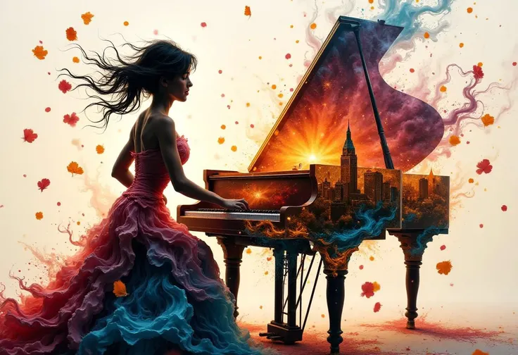 silhouette of a woman on a piano filled with a opera scenery, double exposure, crisp lines, double exposure background, hyperdetailed, concept art, petals in the wind, soft