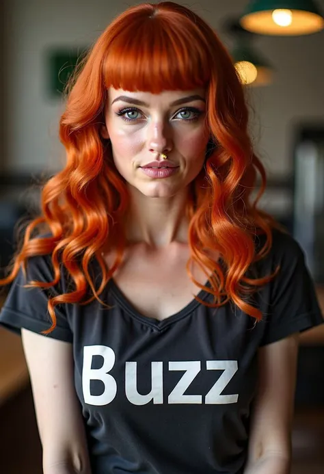 Beautiful buxom ginger pin-up girl wearing tshirt that reads "I Love Buzz"