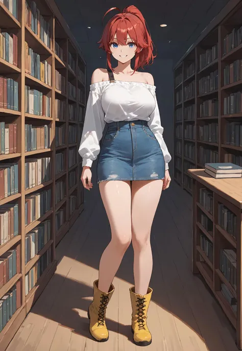 safe_pos, safe_pos, ahoge, nude, red hair, bangs, ponytail, blue eyes, large breasts, smile, denim overall skirt, white shirts, bare shoulder, long sleeve, short boots, barelegs, yellow boots, in the library, looking at viewer, standing, score_9, score_8_u...