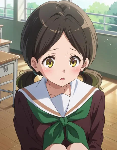 -  score_9, score_8_up, score_7_up, source_anime, absurdres, <lora:hibike!_euphonium_-_ haruka_ogasawara:1> ogasawara ,brown_hair, low_twintails, yellow_eyes, brown_eyes, kitauji_high_school_uniform, brown_shirt, green_neckerchief, bending_forward, hands_o...