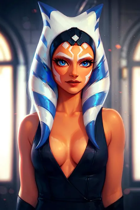 (masterpiece), (best quality), 1girl, solo, ahsoka tano, young, black dress, (white eyebrows), blue eyes, (orange skin:1.2), ((small bust)), <lora:Ahsoka_tano:0.7>, photorealistic, realistic, indoors,