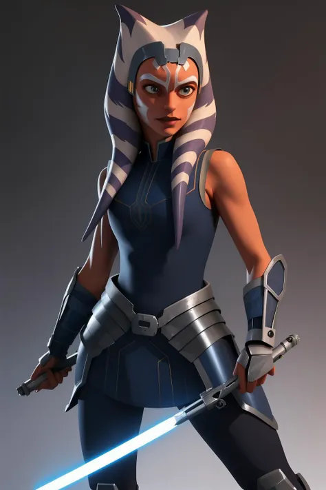 a woman in a blue outfit holding a sword and a light saber