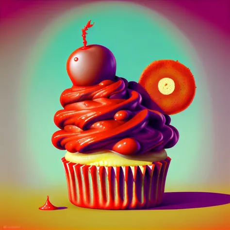 food_crit, cupcake with big red teeth and rainbow frosting