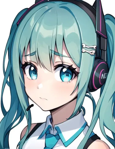 anime girl with headphones and blue hair wearing a tie