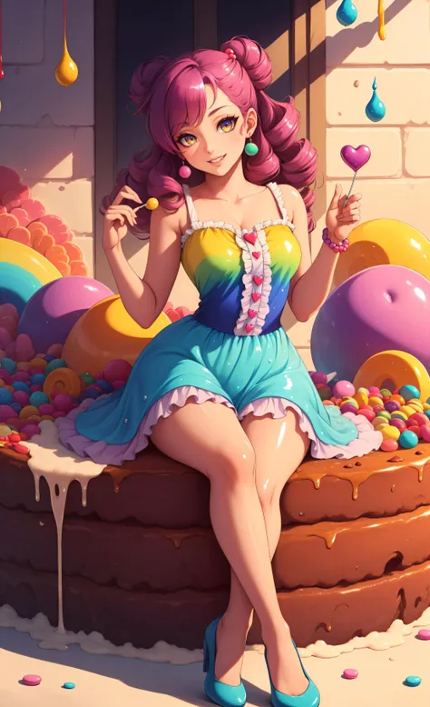 anime girl sitting on a bench with a candy filled cake