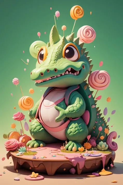 masterpiece,best quality,A cute crocodile,rubbing his belly,full background,candyland,full body,chibi,<lora:Candyland:1>,