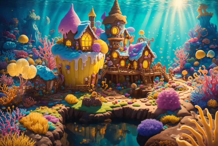 (Masterpiece, best quality:1.3), highly detailed, fantasy, <lora:Candyland-10:1>, 8k, candyland, dynamic, cinematic, ultra-detailed, full background, fantasy, illustration, drip, sparkle, pancake:1.3), (ocean), underwater, grass, syrup, glitter, scenery, (...