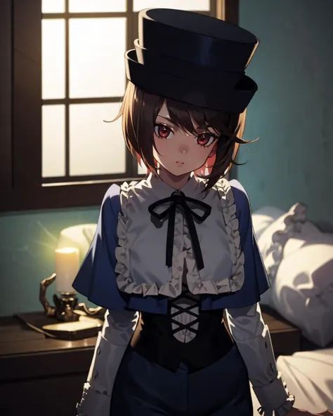 anime girl in a top hat and dress standing in a room