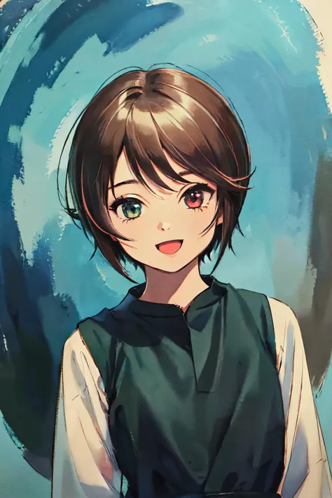 anime girl with brown hair and green eyes in front of a blue circle