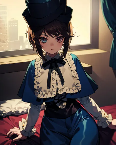 anime girl in a top hat sitting on a bed