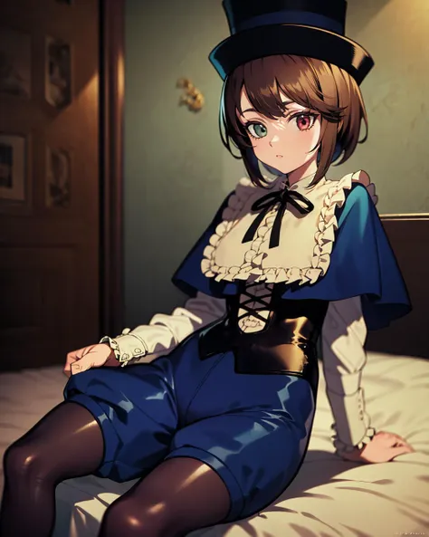 anime girl in a blue dress and top hat sitting on a bed