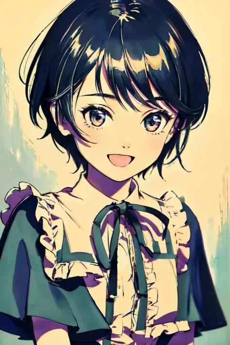 anime girl with black hair and blue eyes wearing a purple blouse