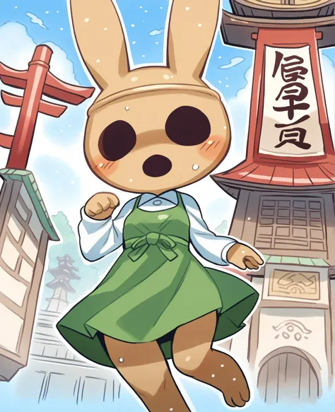 cartoon rabbit in green dress running in front of a tall building