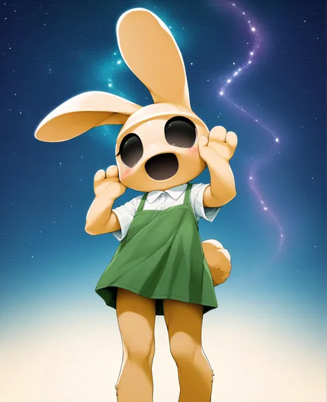 cartoon rabbit with sunglasses and green dress standing in the sand