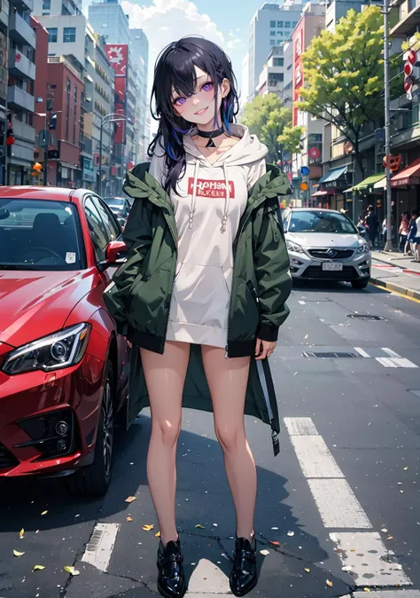 anime girl in a green jacket and black boots standing on a city street