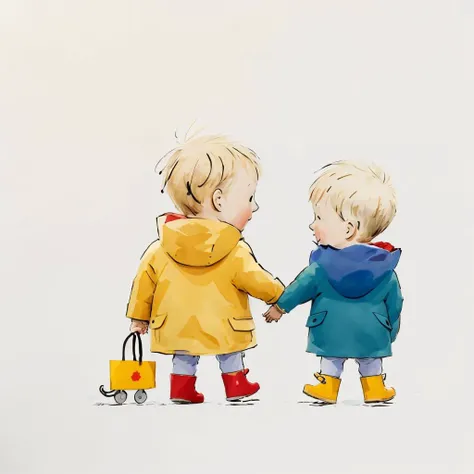 janemassey, massey, 
lineart, white background,illustration, cute, 2d,
smile, short hair, blonde hair, simple background, long sleeves, 1boy, white background, closed mouth, standing, male focus, boots, solo focus, pants, water, holding hands, blush sticke...