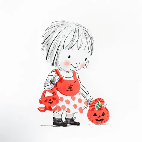 janemassey, massey, 
lineart, white background,illustration, cute, 2d,
1girl, solo, blush, smile, short hair, simple background, monochrome, food, chibi, traditional media, candy, halloween, spot color, jack-o-lantern, :>, pumpkin,
 <lora:janemassey-04:1>